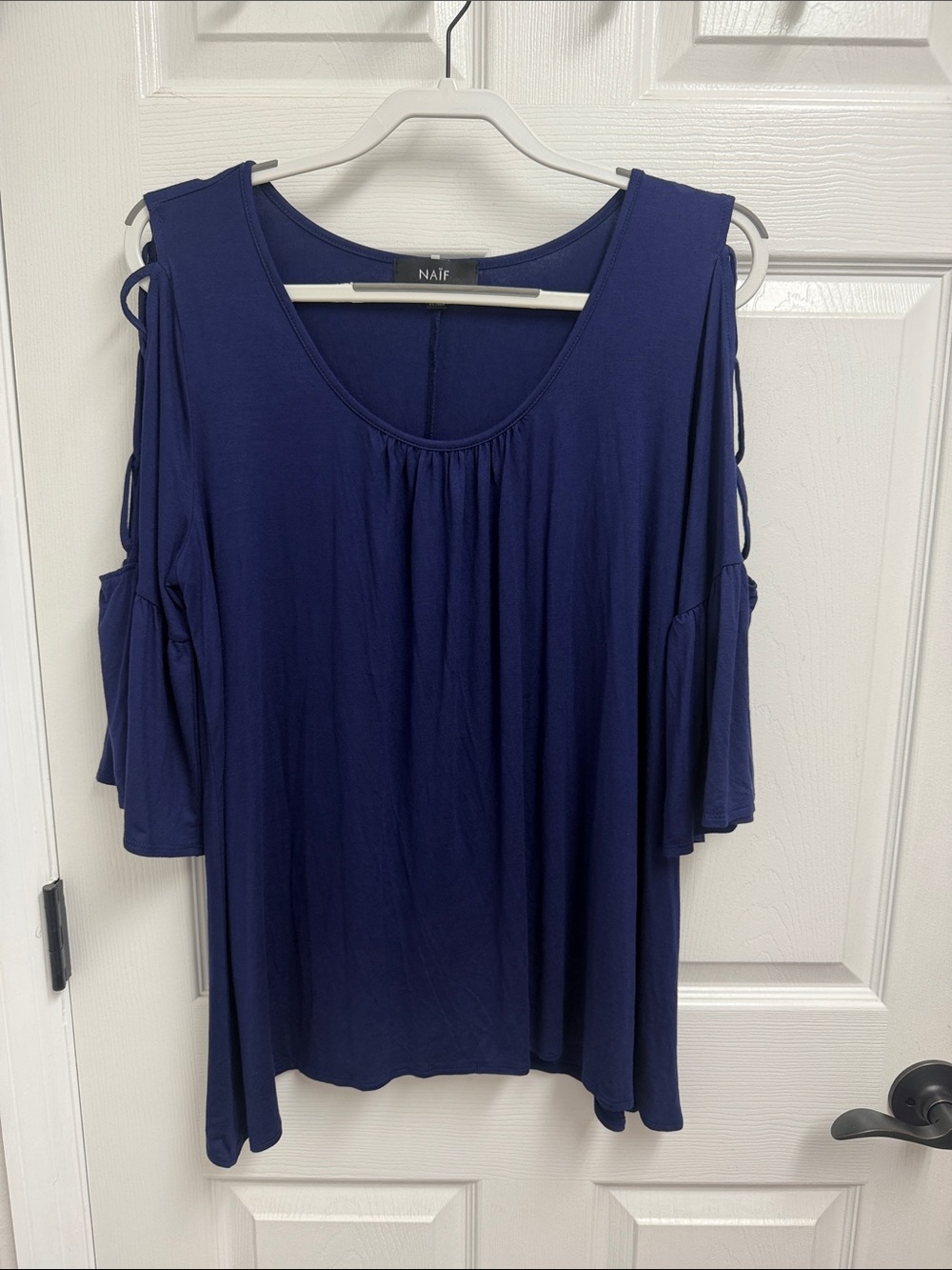 NAIF Women's Deep Blue Cold-Shoulder Tunic 1X peekaboo sleeves